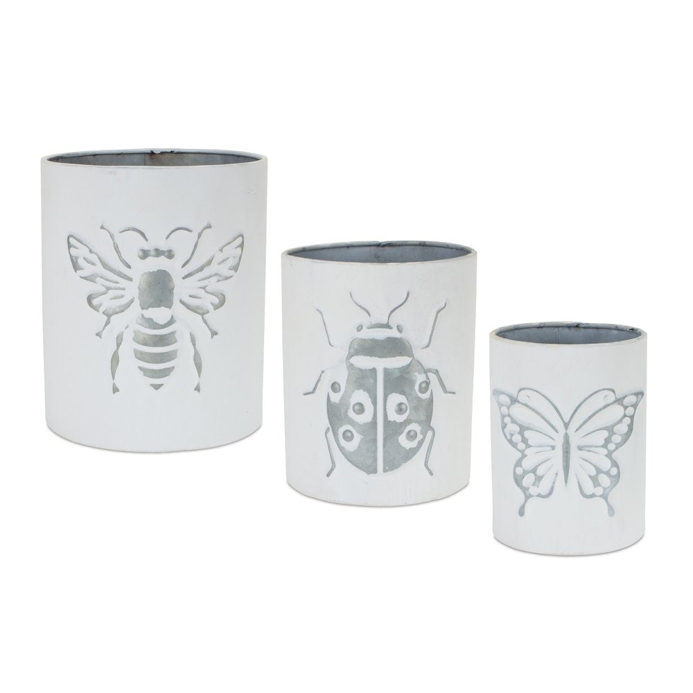 Set of Three White And Gray Metal 9 Ounce Abstract Round Distressed Pot Planters HomeRoots