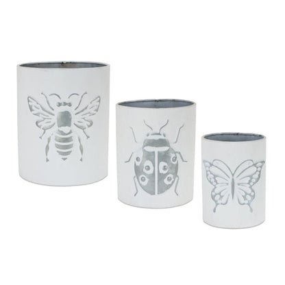 Set of Three White And Gray Metal 9 Ounce Abstract Round Distressed Pot Planters HomeRoots