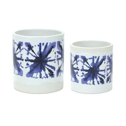 Set of Two White And Blue Ceramic 5 Ounce Abstract Round Pot Planters HomeRoots