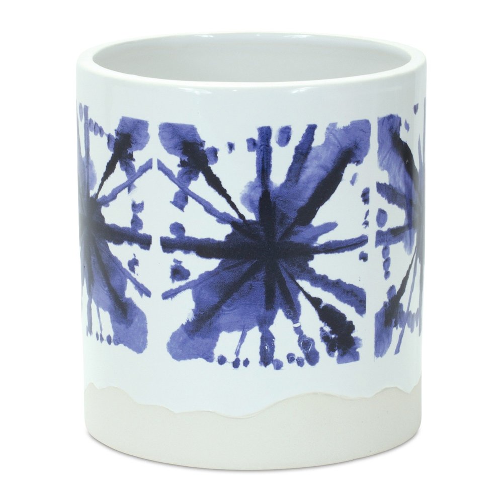 Set of Two White And Blue Ceramic 5 Ounce Abstract Round Pot Planters HomeRoots