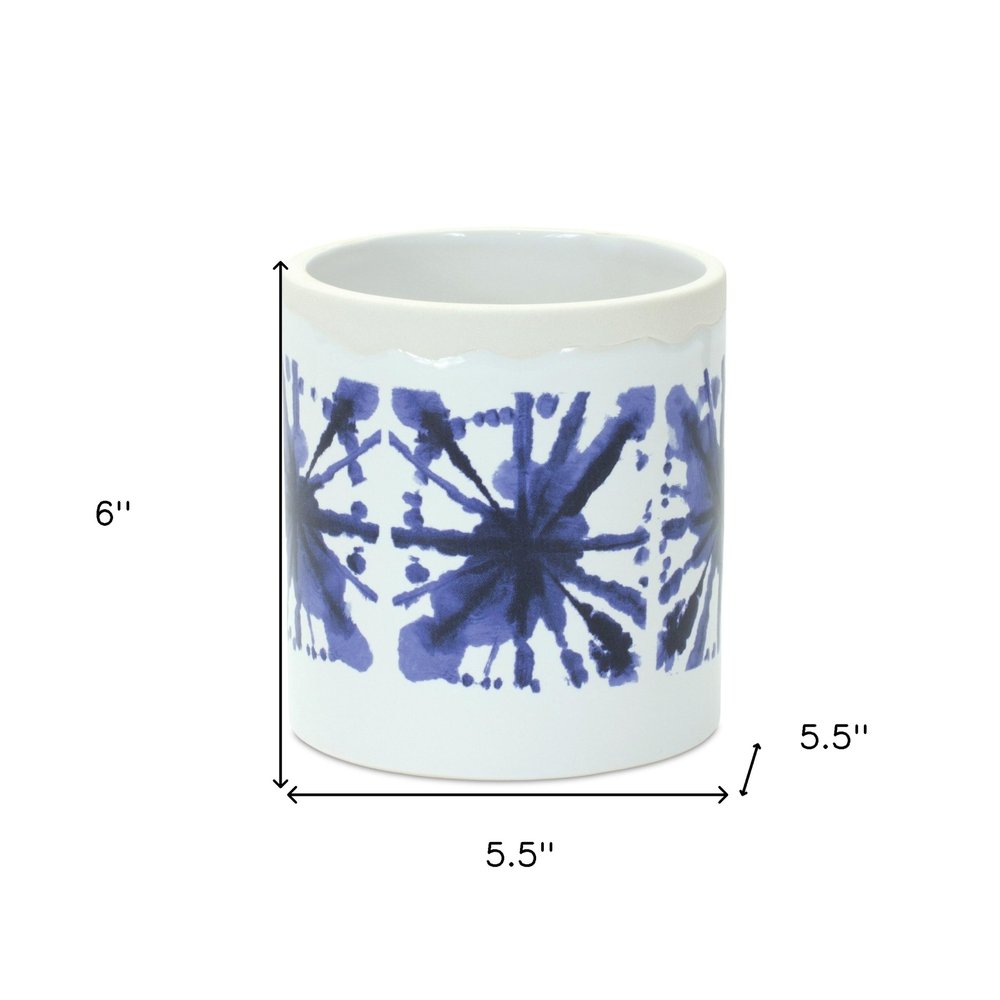 Set of Two White And Blue Ceramic 5 Ounce Abstract Round Pot Planters HomeRoots