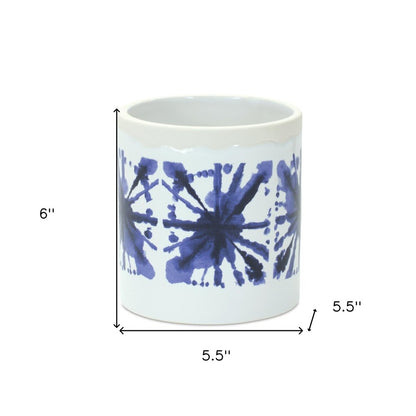 Set of Two White And Blue Ceramic 5 Ounce Abstract Round Pot Planters HomeRoots
