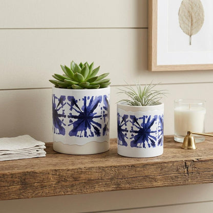 Set of Two White And Blue Ceramic 5 Ounce Abstract Round Pot Planters HomeRoots