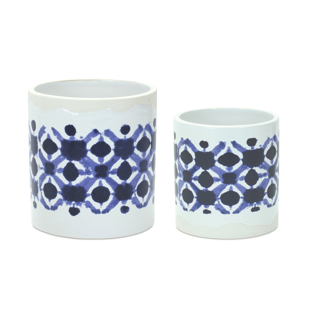 Set of Two White And Blue Ceramic 5 Ounce Geometric Round Pot Planters HomeRoots