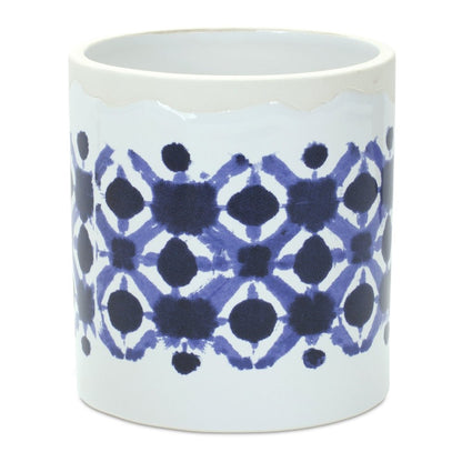 Set of Two White And Blue Ceramic 5 Ounce Geometric Round Pot Planters HomeRoots