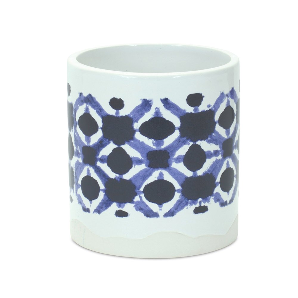 Set of Two White And Blue Ceramic 5 Ounce Geometric Round Pot Planters HomeRoots