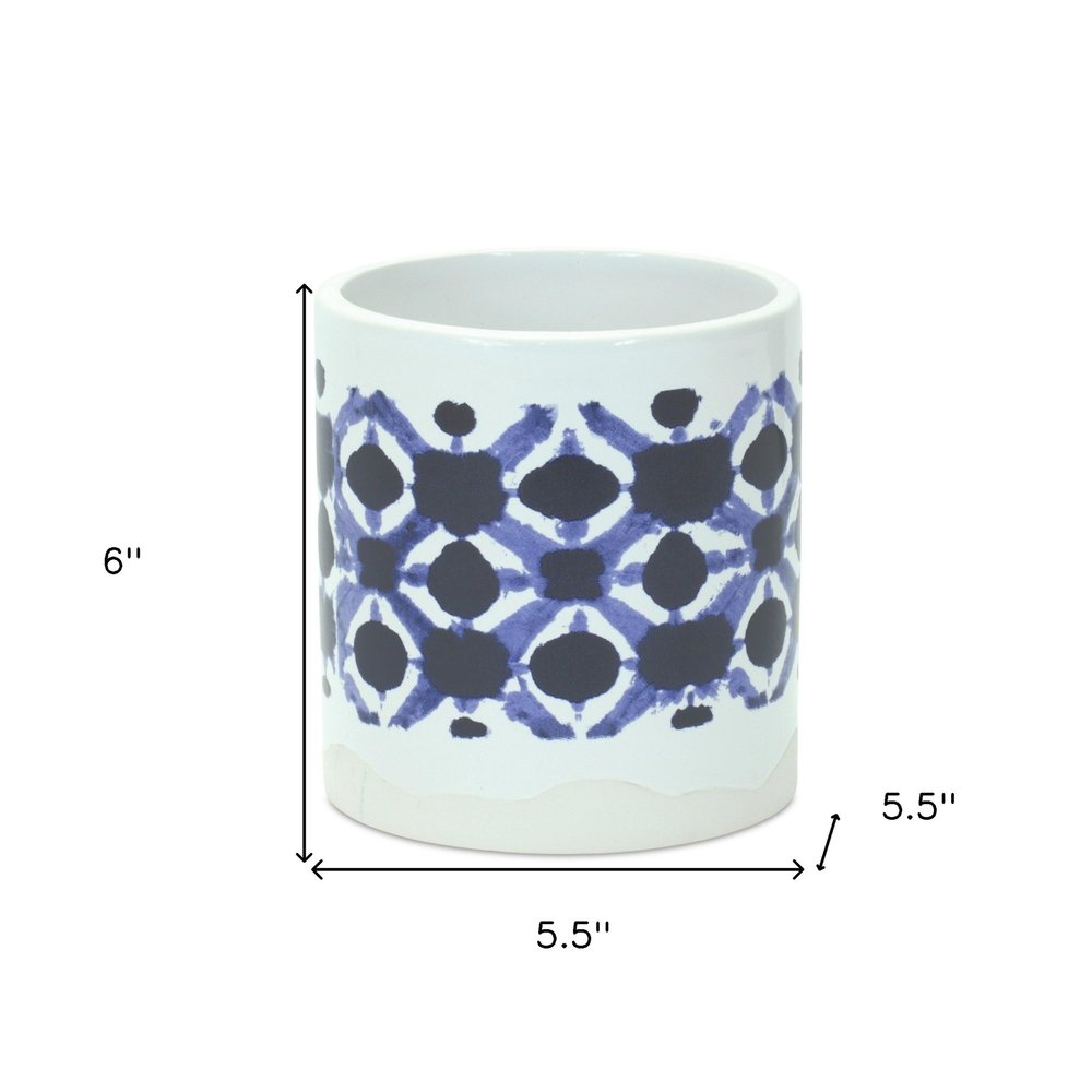 Set of Two White And Blue Ceramic 5 Ounce Geometric Round Pot Planters HomeRoots