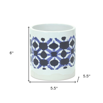 Set of Two White And Blue Ceramic 5 Ounce Geometric Round Pot Planters HomeRoots