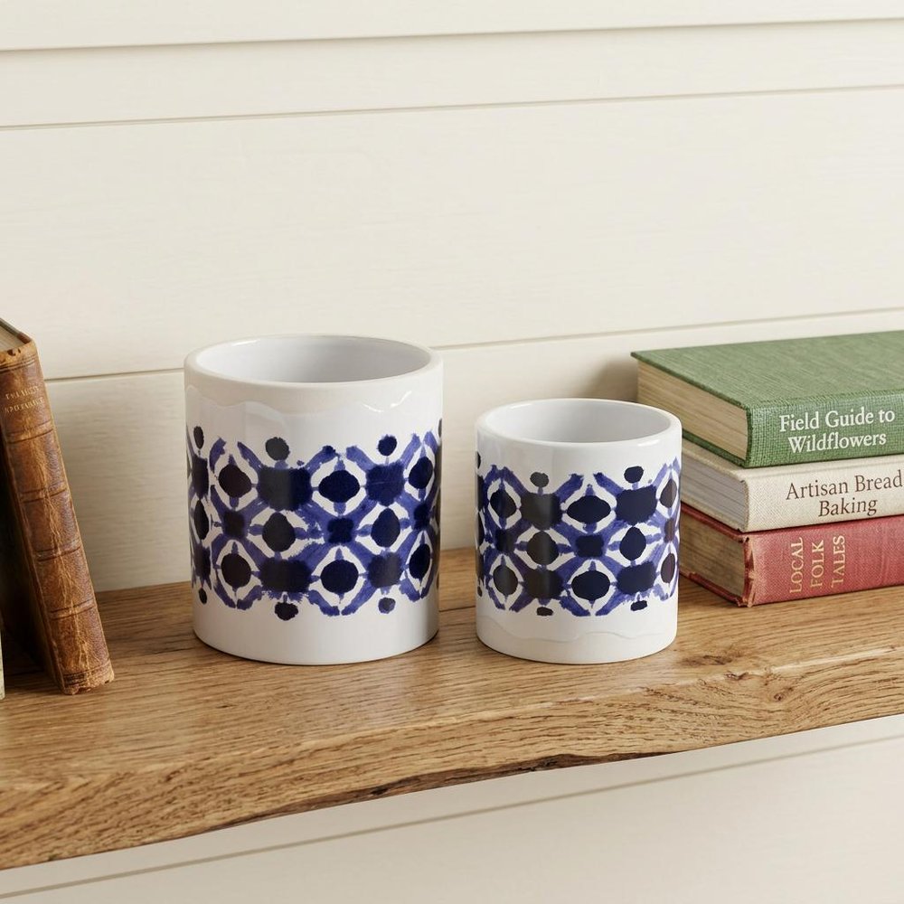 Set of Two White And Blue Ceramic 5 Ounce Geometric Round Pot Planters HomeRoots