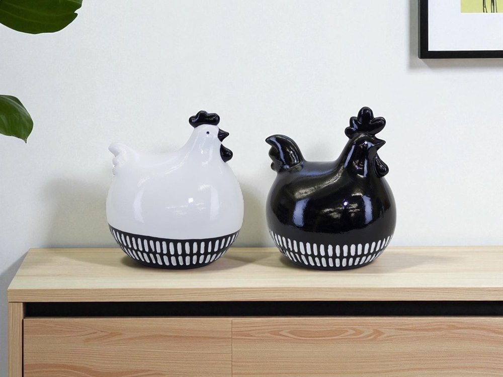 Set of Two Black And White Terracotta Chicken Figurines HomeRoots