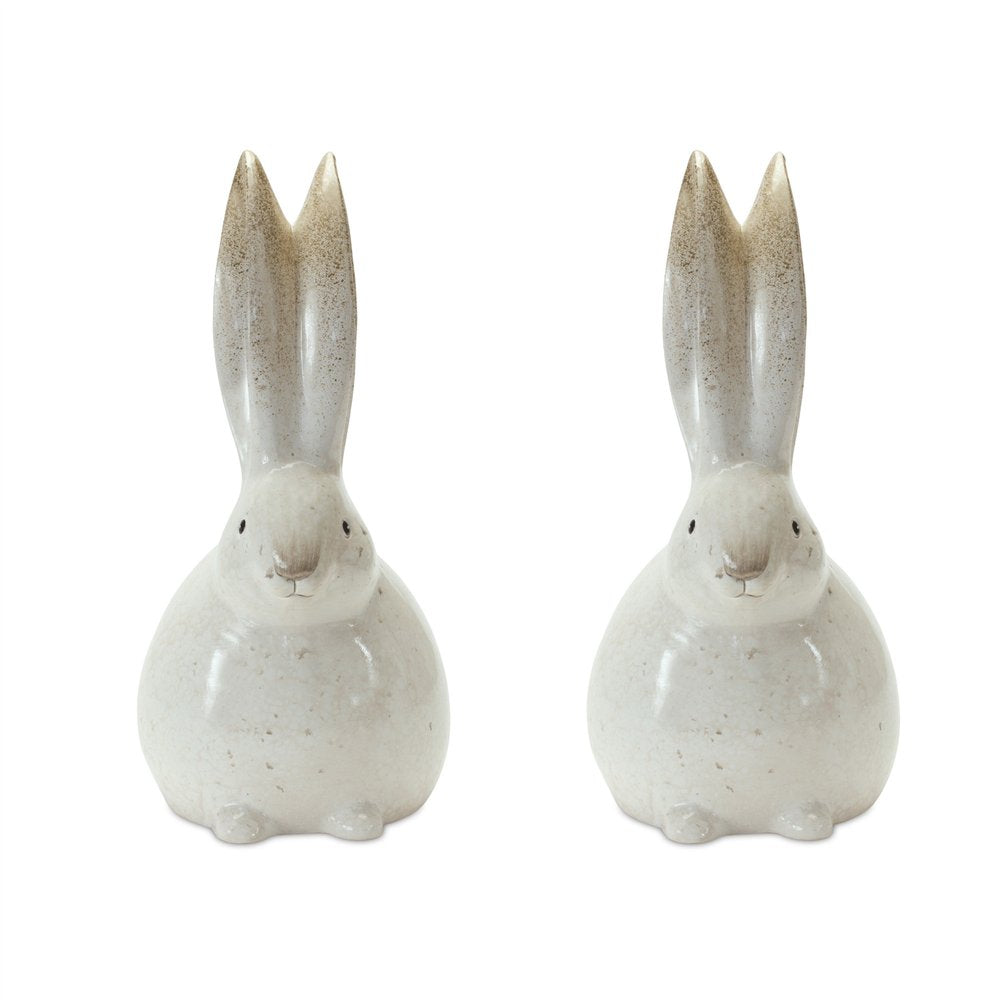 Set of Two White And Brown Terracotta Bunny Rabbit Figurines HomeRoots