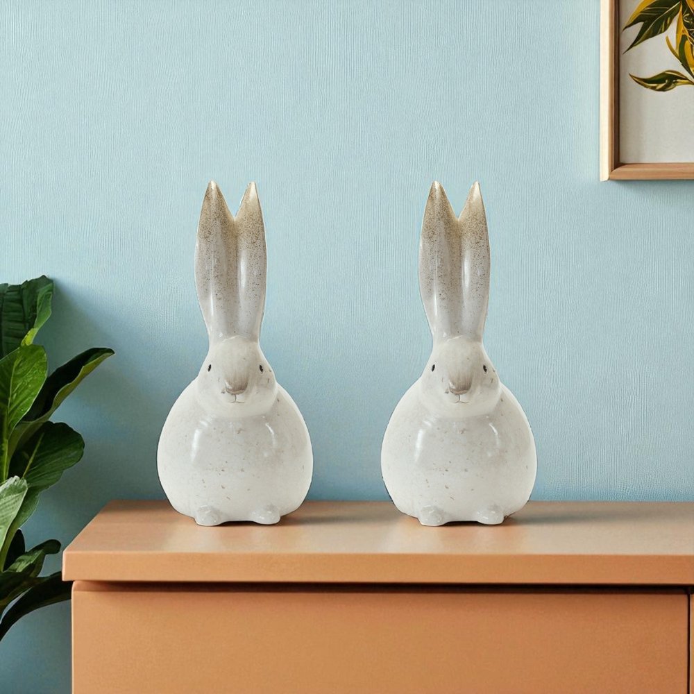 Set of Two White And Brown Terracotta Bunny Rabbit Figurines HomeRoots