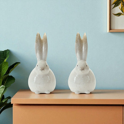 Set of Two White And Brown Terracotta Bunny Rabbit Figurines HomeRoots