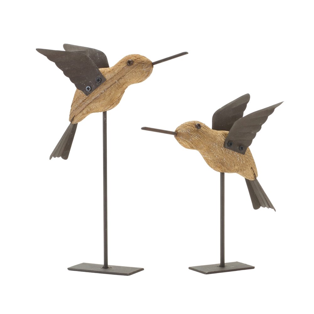 Set of Two 8" Natural Wood And Metal Bird Figurine Tabletop Sculpture HomeRoots