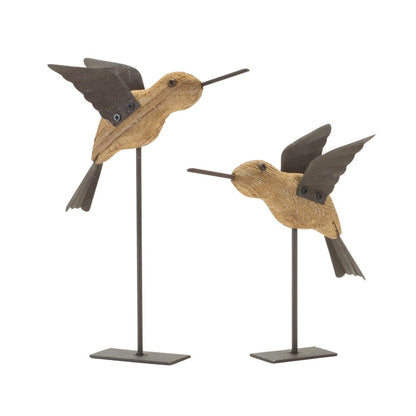 Set of Two 8" Natural Wood And Metal Bird Figurine Tabletop Sculpture HomeRoots