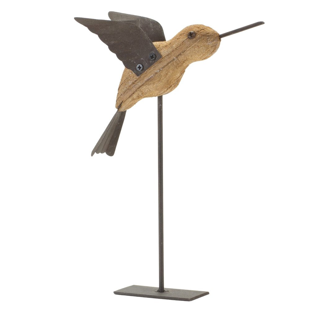 Set of Two 8" Natural Wood And Metal Bird Figurine Tabletop Sculpture HomeRoots