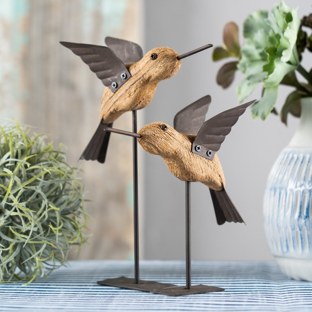Set of Two 8" Natural Wood And Metal Bird Figurine Tabletop Sculpture HomeRoots