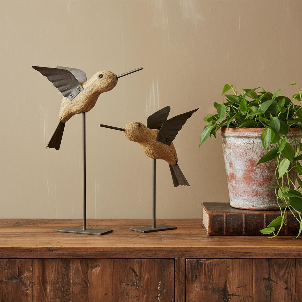 Set of Two 8" Natural Wood And Metal Bird Figurine Tabletop Sculpture HomeRoots