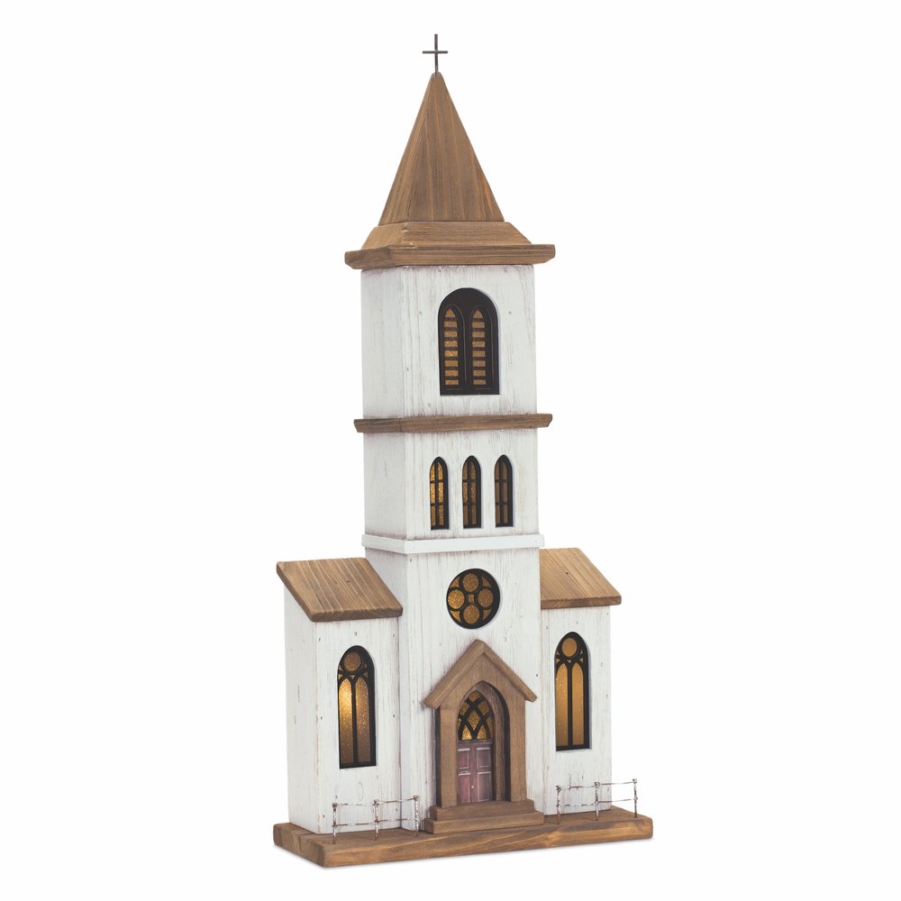 25" Brown And White Wood And Metal Church Tabletop Sculpture HomeRoots
