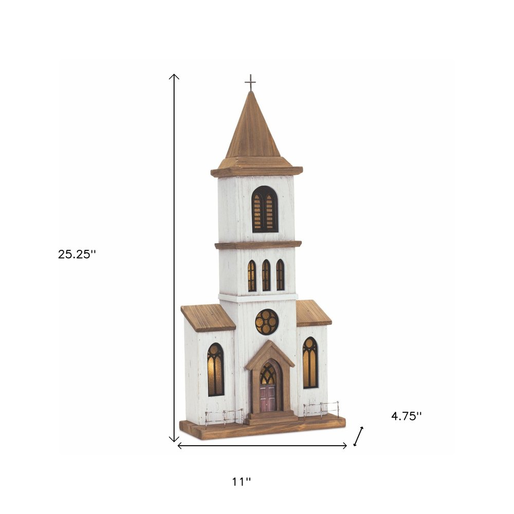 25" Brown And White Wood And Metal Church Tabletop Sculpture HomeRoots