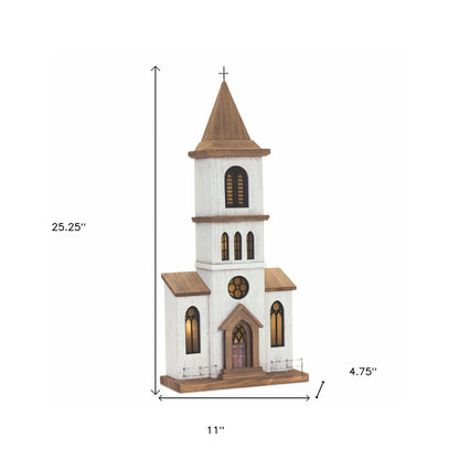 25" Brown And White Wood And Metal Church Tabletop Sculpture HomeRoots