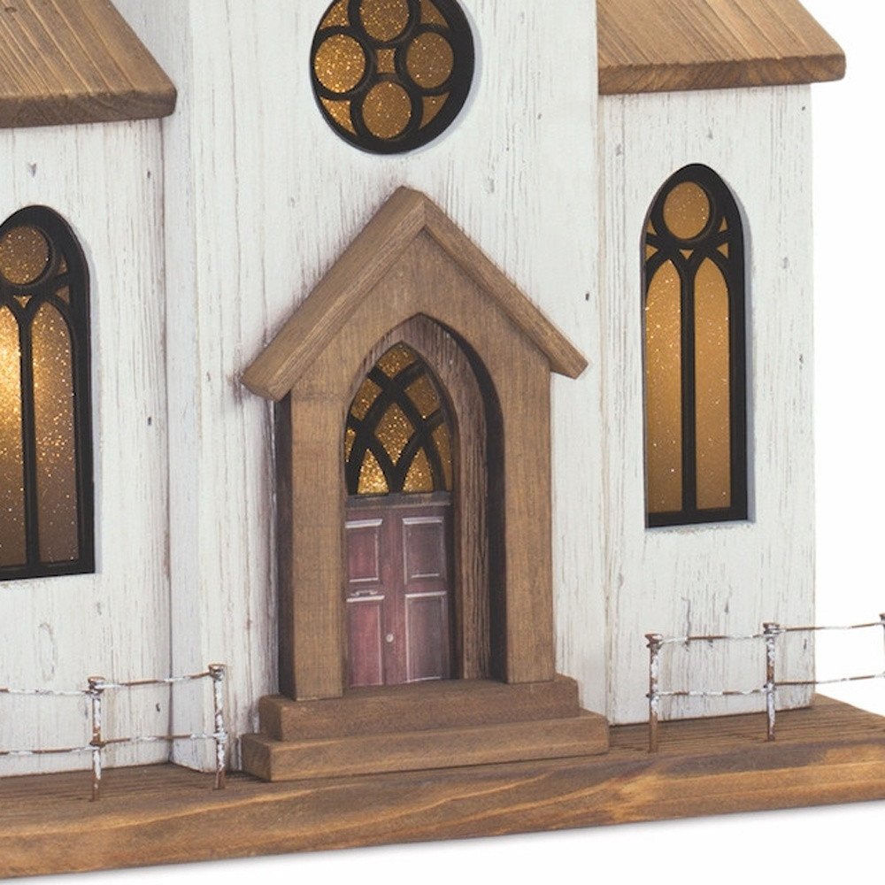 25" Brown And White Wood And Metal Church Tabletop Sculpture HomeRoots