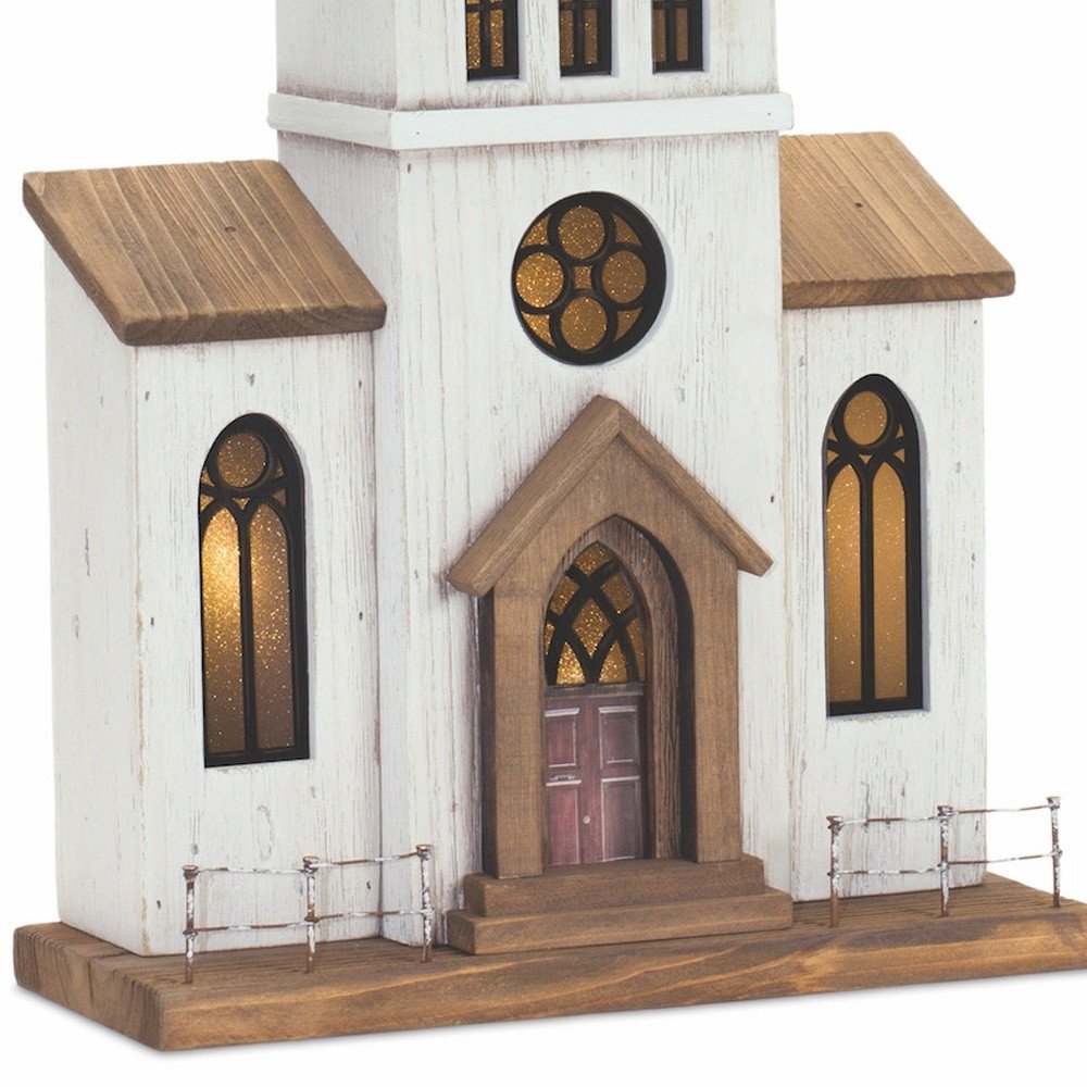 25" Brown And White Wood And Metal Church Tabletop Sculpture HomeRoots