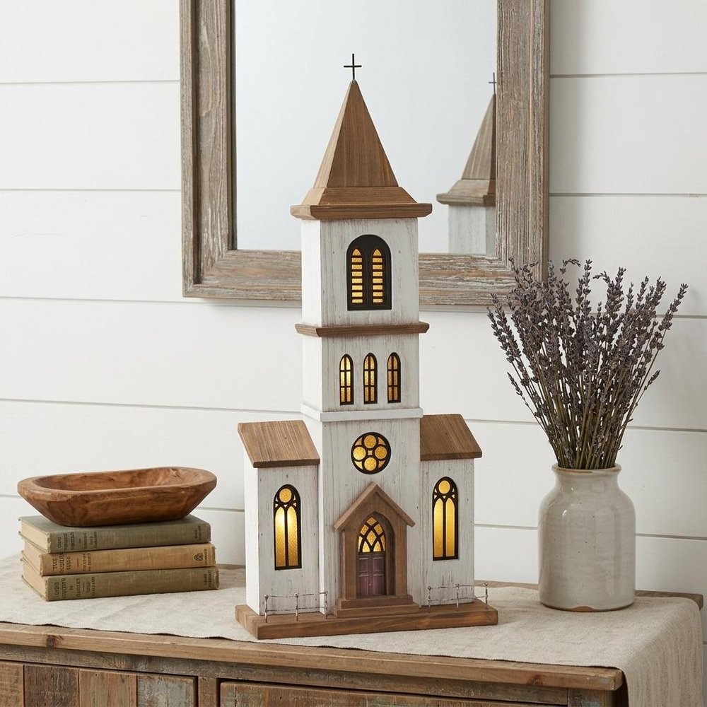 25" Brown And White Wood And Metal Church Tabletop Sculpture HomeRoots