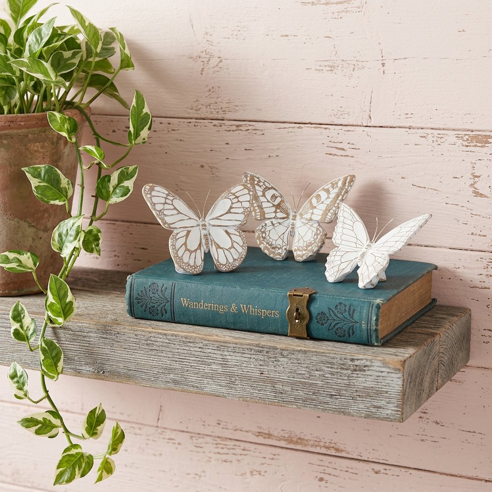 Set of Three 6" Brown And White Polyresin Butterfly Tabletop Sculpture HomeRoots