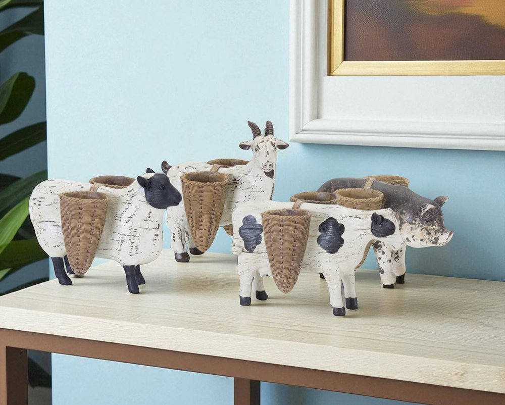 Set of Four Black And White Polyresin Farm Animal Figurines With Vases HomeRoots