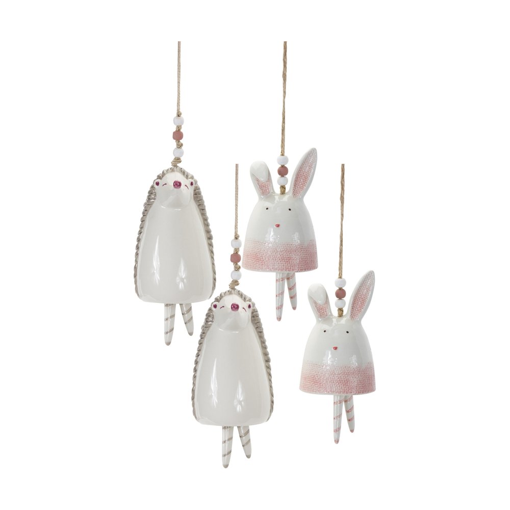 Set of Four 7" Pink And White Resin Hedgehog Model Bell Tabletop Sculpture HomeRoots