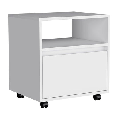 21" White Wood One Drawer Rolling Nightstand