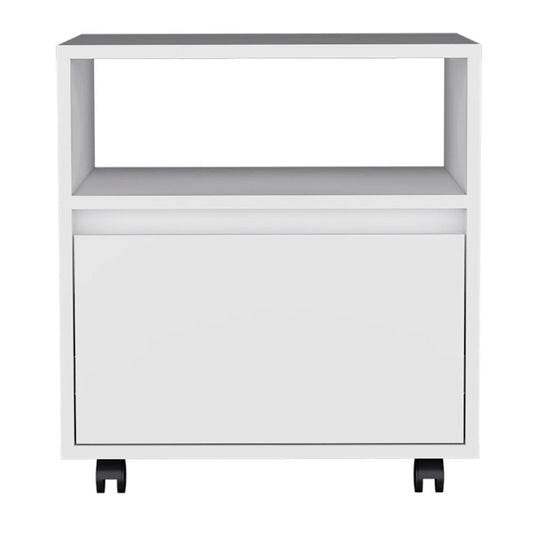 21" White Wood One Drawer Rolling Nightstand