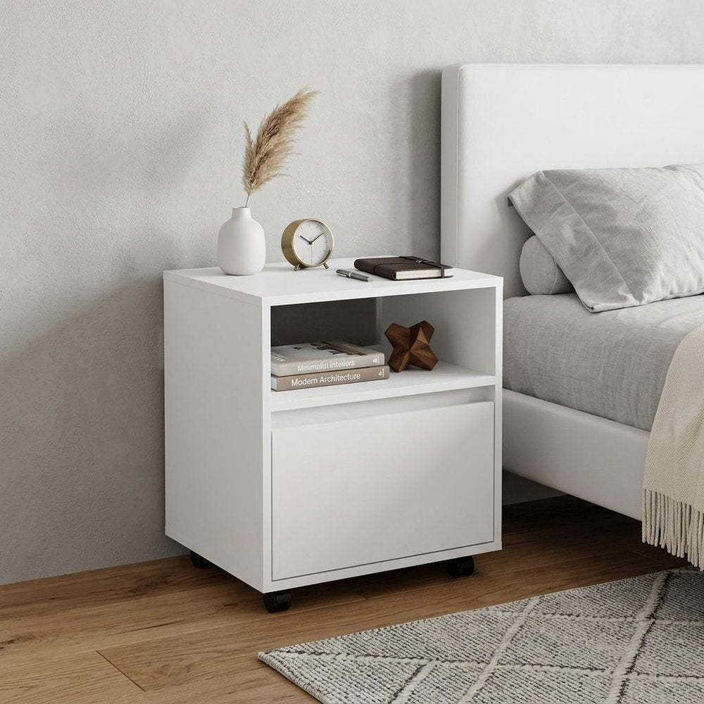 21" White Wood One Drawer Rolling Nightstand — view 5