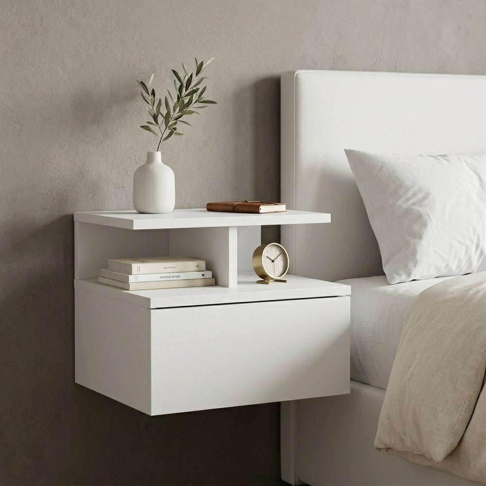 14" White Wood One Drawer Floating Nightstand — view 5