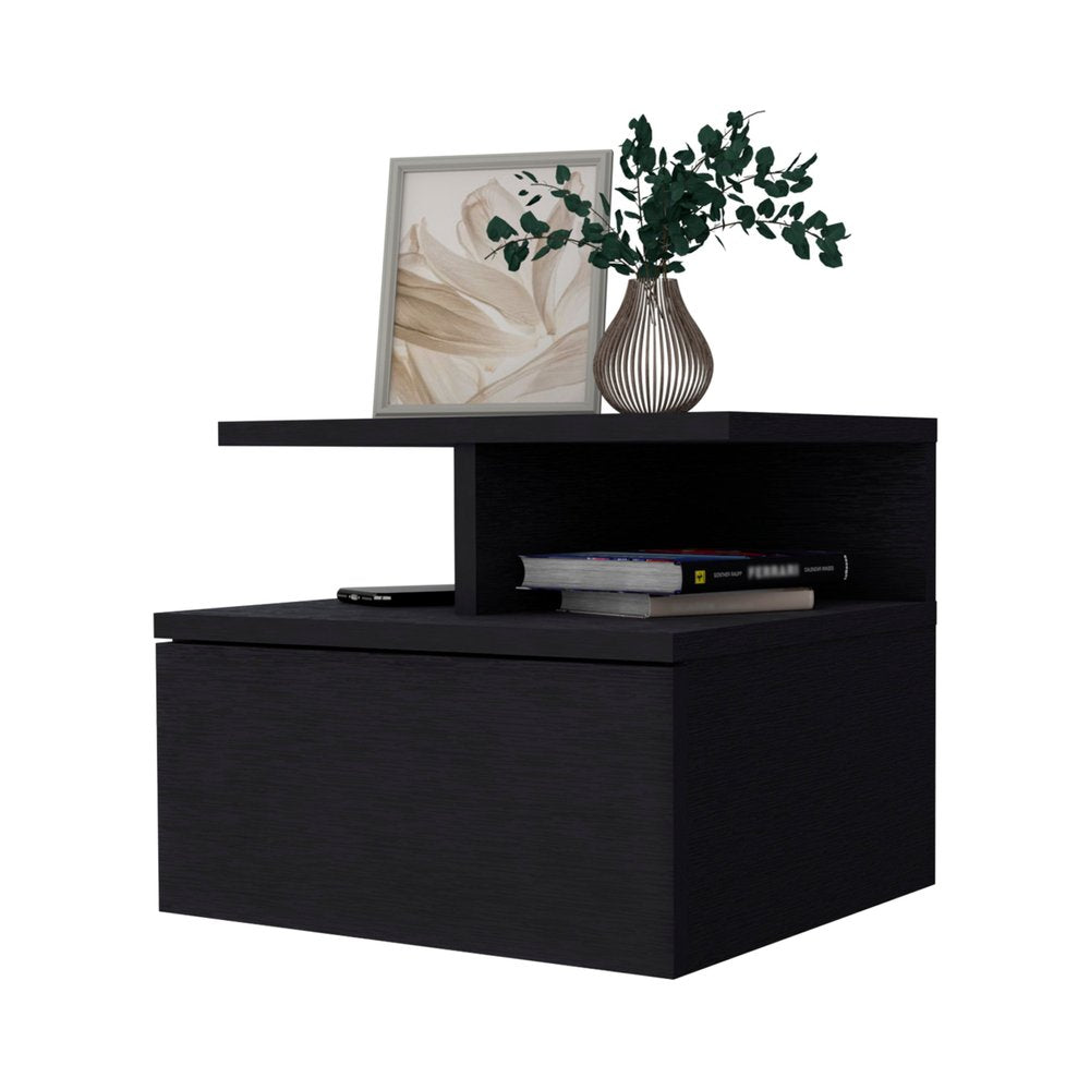 12" Black Wood One Drawer Nightstand with Integrated Tech — view 2