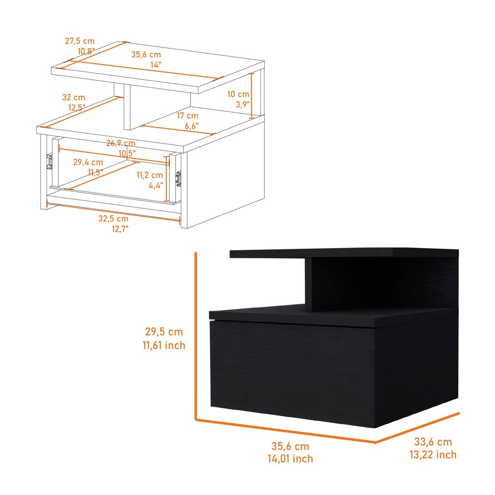 12" Black Wood One Drawer Nightstand with Integrated Tech — view 3