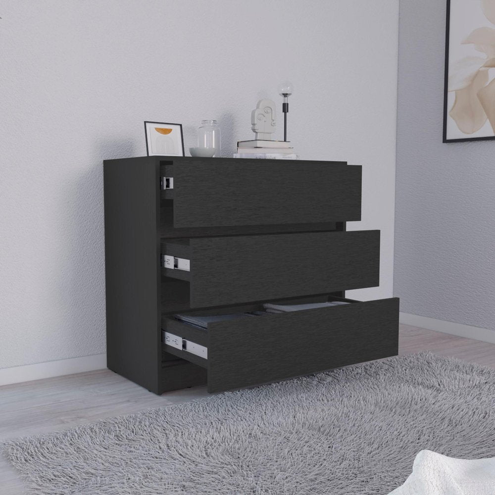 33" Black Wood Three Drawer Dresser — view 3