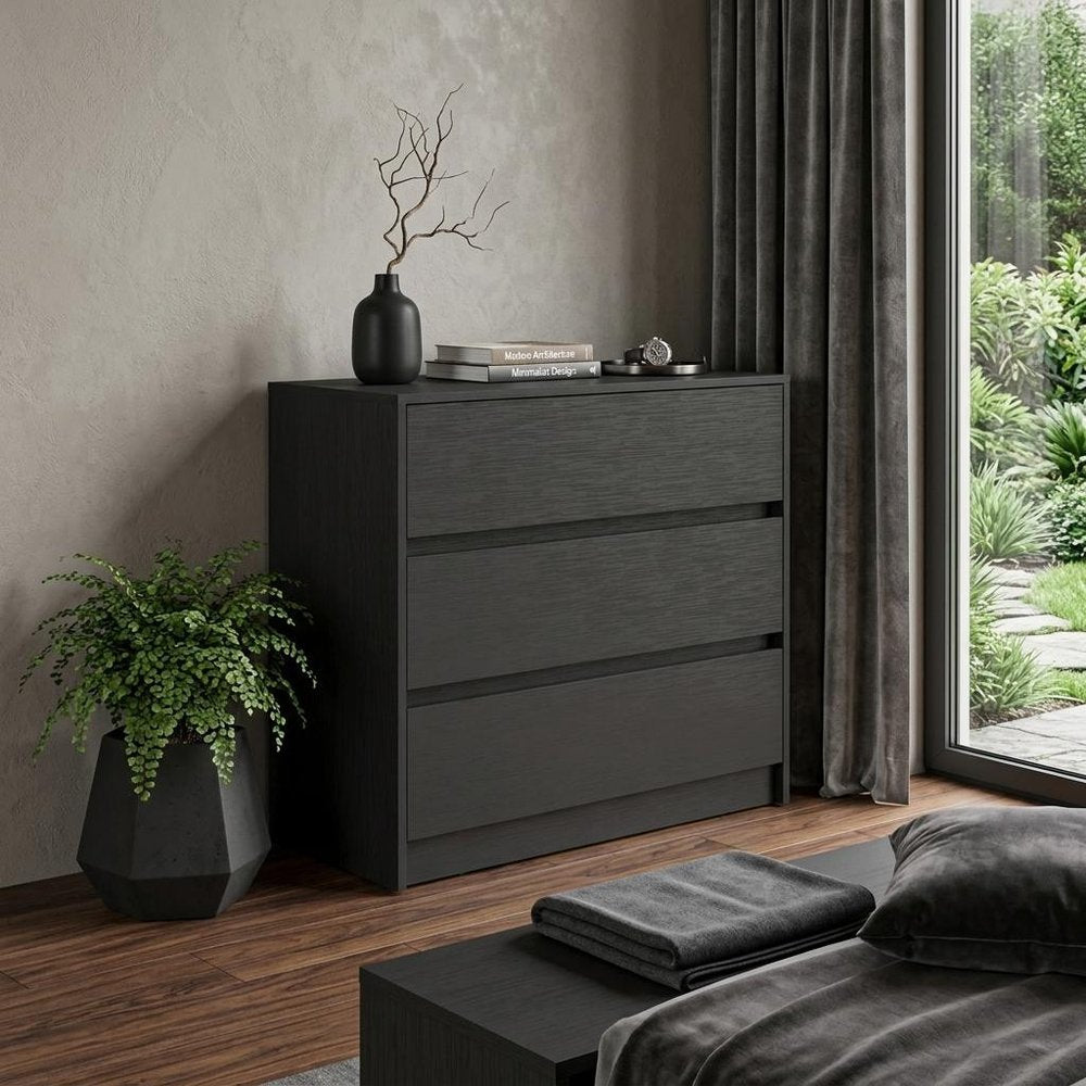 33" Black Wood Three Drawer Dresser — view 6