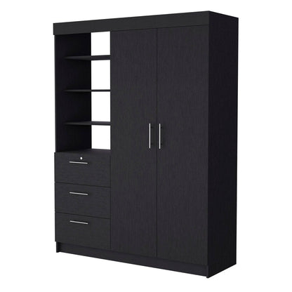 79" Black Wood And Metal Two Door Three Drawer Combo Dresser