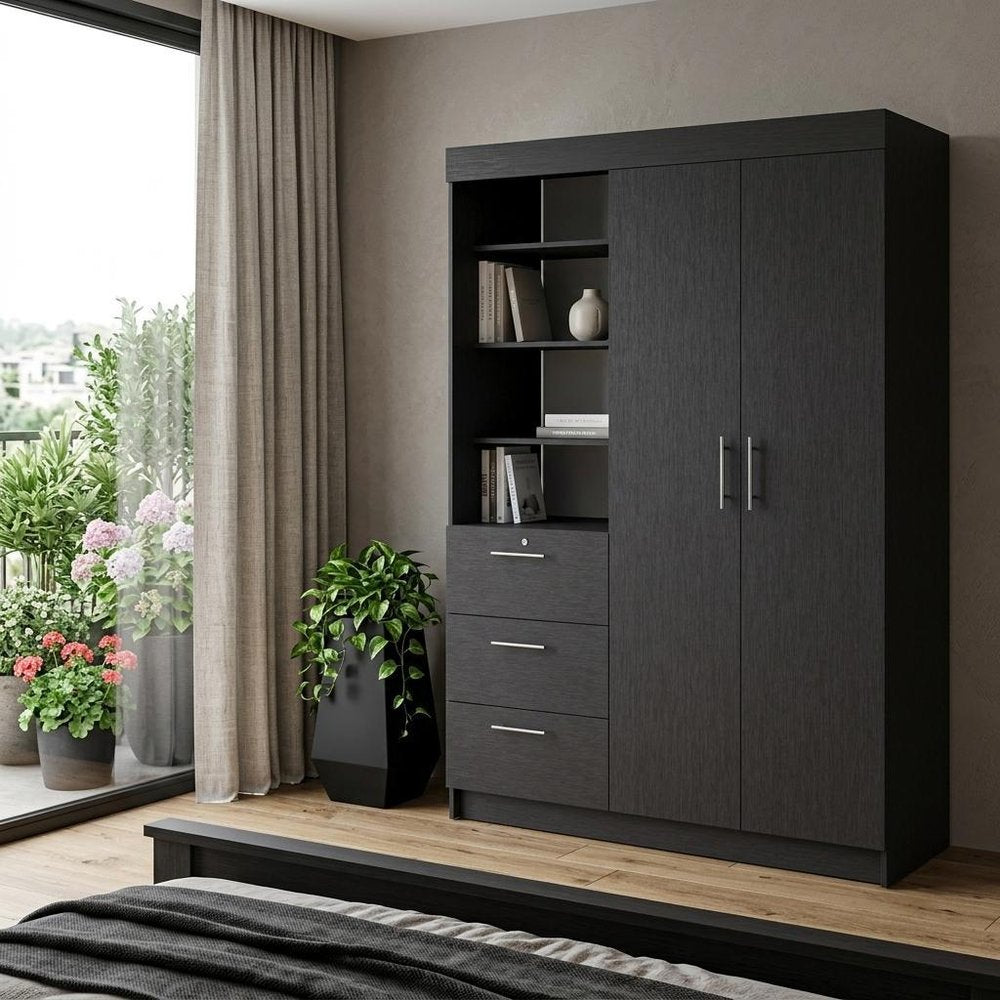 79" Black Wood And Metal Two Door Three Drawer Combo Dresser