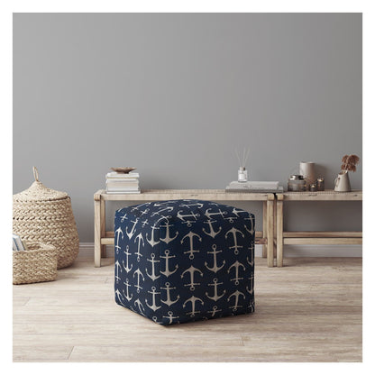 17" Blue and Gray Twill Anchor Pouf Ottoman