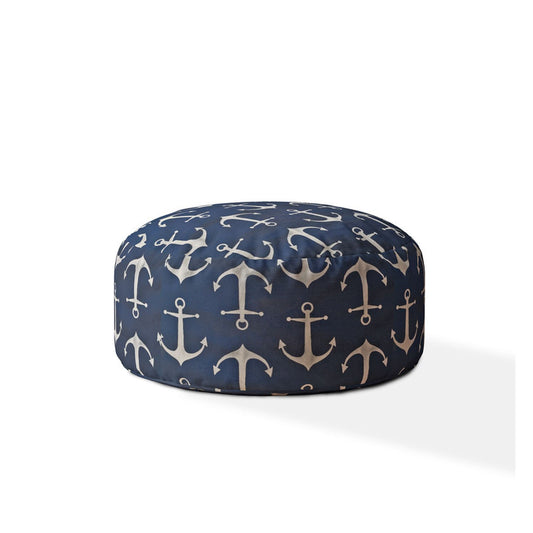 24" Blue and Gray Twill Round Anchor Pouf Ottoman