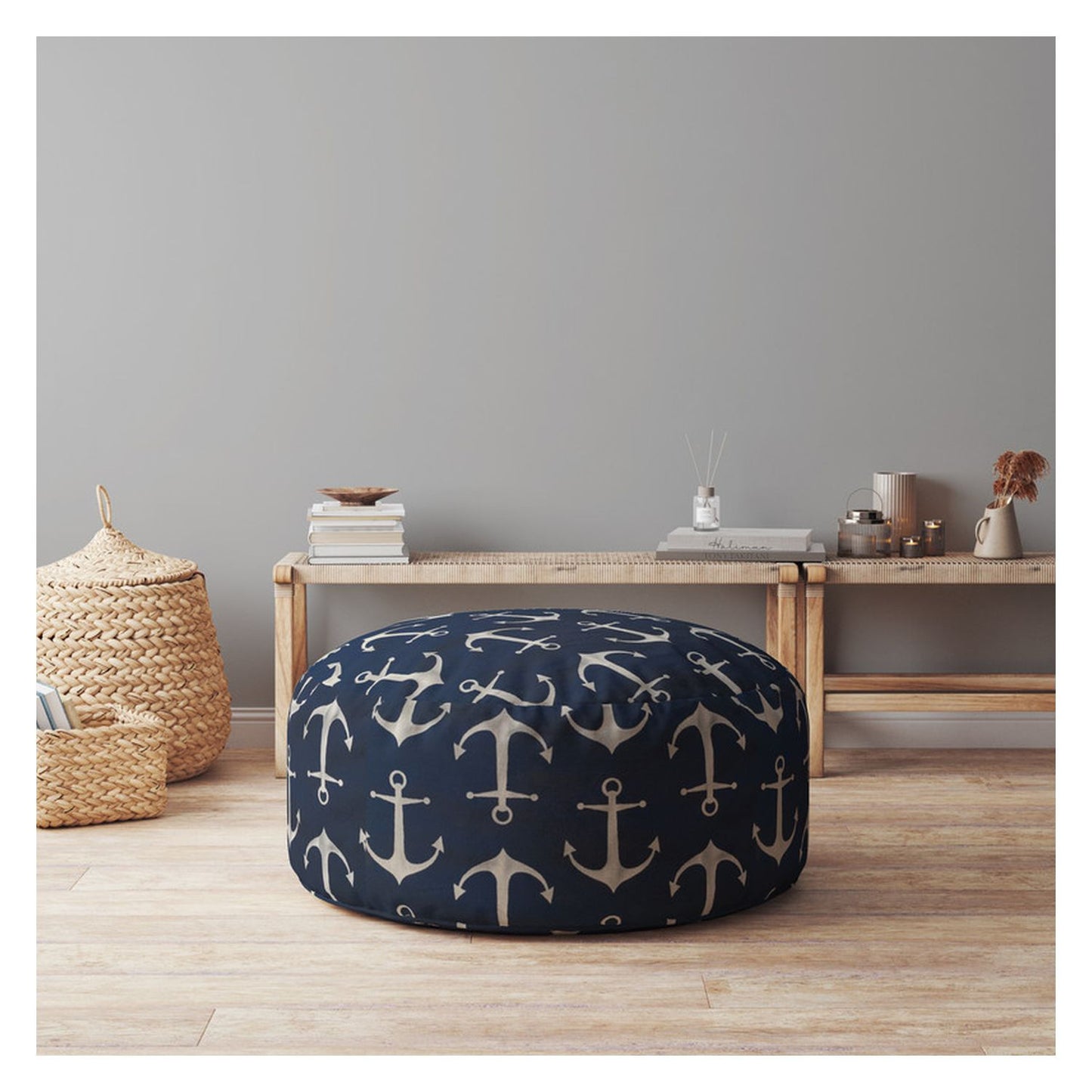 24" Blue and Gray Twill Round Anchor Pouf Ottoman