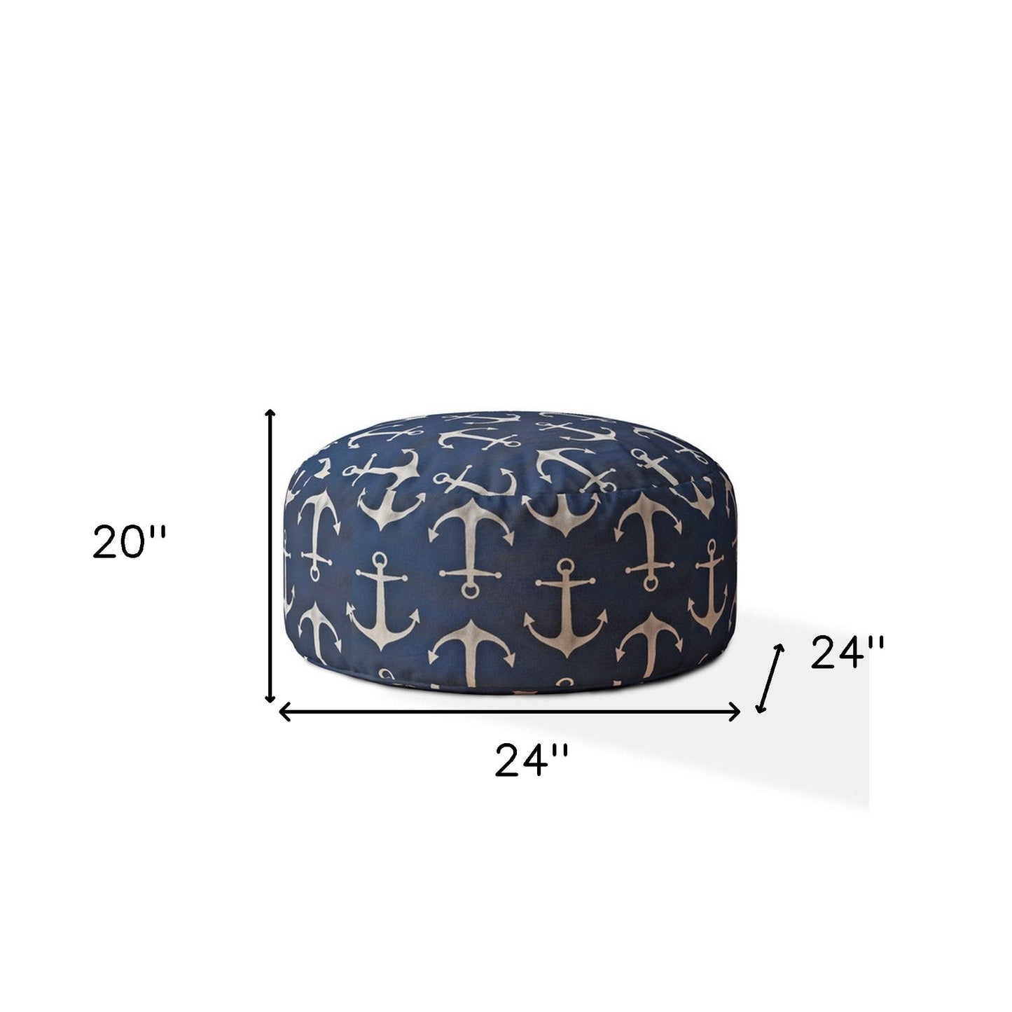 24" Blue and Gray Twill Round Anchor Pouf Ottoman