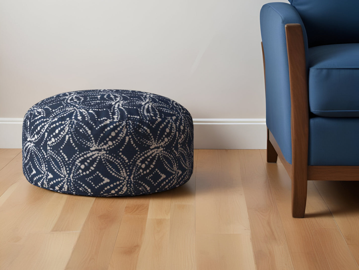 24" Blue and Gray Twill Round Anchor Pouf Ottoman