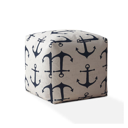 17" Blue and Gray Canvas Anchor Pouf Ottoman