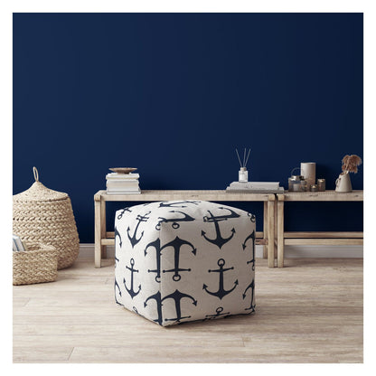 17" Blue and Gray Canvas Anchor Pouf Ottoman