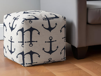 17" Blue and Gray Canvas Anchor Pouf Ottoman