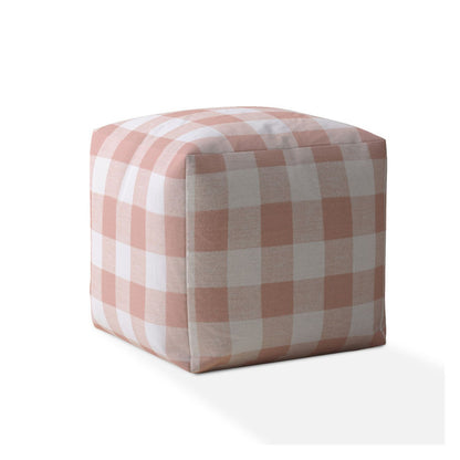 17" Pink and White Cotton Gingham Pouf Ottoman